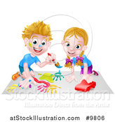 Vector Illustration of a Happy White Boy Kneeling and Painting Artwork and Girl Playing with a Toy Car by AtStockIllustration