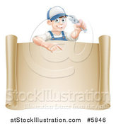 Vector Illustration of a Happy White Brunette Mechanic Man Holding a Wrench over a Scroll Sign by AtStockIllustration