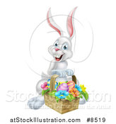 Vector Illustration of a Happy White Easter Bunny Rabbit with a Basket of Eggs and Flowers by AtStockIllustration