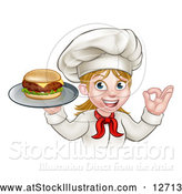 Vector Illustration of a Happy White Female Chef Gesturing Ok and Holding a Cheese Burger on a Tray by AtStockIllustration