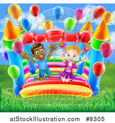 Vector Illustration of a Happy White Girl and Black Boy Jumping on a Bouncy House Castle at a Party by AtStockIllustration