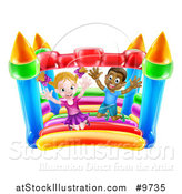 Vector Illustration of a Happy White Girl and Black Boy Jumping on a Bouncy House Castle by AtStockIllustration