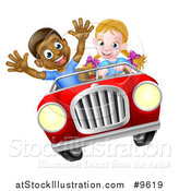 Vector Illustration of a Happy White Girl Driving a Red Convertible Car and a Black Boy Holding His Arms up in the Passenger Seat As They Catch Air by AtStockIllustration