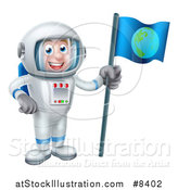 Vector Illustration of a Happy White Male Astronaut in a Space Suit, Holding an Earth Flag by AtStockIllustration