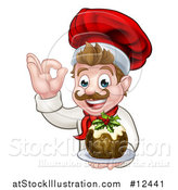 Vector Illustration of a Happy White Male Chef Gesturing Ok and Holding a Christmas Pudding by AtStockIllustration