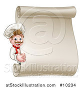 Vector Illustration of a Happy White Male Chef Giving a Thumb up Around a Scroll Menu Board by AtStockIllustration