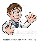 Vector Illustration of a Happy White Male Scientist Waving and Giving a Thumb up over a Sign by AtStockIllustration