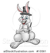 Vector Illustration of a Happy White Rabbit Magcician Wearing a Hat and Holding a Wand by AtStockIllustration