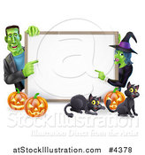 Vector Illustration of a Happy Witch and Frankenstein Pointing to a White Board Sign over Pumpkins and Black Cats by AtStockIllustration