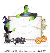 Vector Illustration of a Happy Witch Skeleton and Frankenstein Pointing to a White Board Sign over Pumpkins and Black Cats by AtStockIllustration