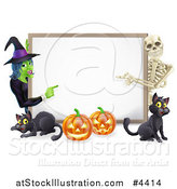 Vector Illustration of a Happy Witch Skeleton Pumpkins and Black Cats Around a Blank Sign by AtStockIllustration