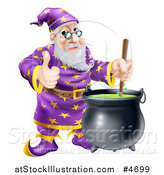 Vector Illustration of a Happy Wizard Holding a Thumb up and Stirring Contents in a Cauldron by AtStockIllustration
