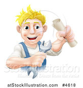 Vector Illustration of a Happy Worker Man Holding a Wrench and Degree by AtStockIllustration