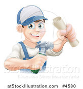 Vector Illustration of a Happy Worker Man Wearing a Hat and Holding a Hammer and Degree by AtStockIllustration