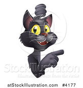 Vector Illustration of a Happy Yellow Eyed Black Cat Looking Around and Pointing at a Sign by AtStockIllustration