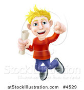 Vector Illustration of a Happy Young Blond Graduate Jumping with a Degree by AtStockIllustration