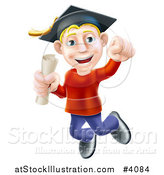 Vector Illustration of a Happy Young Blond Graduate Man Jumping with a Scroll in Hand by AtStockIllustration