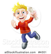 Vector Illustration of a Happy Young Blond Man Jumping with a Scroll in Hand by AtStockIllustration