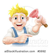Vector Illustration of a Happy Young Blond Plumber Holding a Plunger by AtStockIllustration