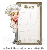 Vector Illustration of a Happy Young Blond White Female Chef Giving a Thumb up Around a Menu Board by AtStockIllustration