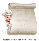 Vector Illustration of a Happy Young Blond White Female Chef Giving a Thumb up Around a Scroll Menu by AtStockIllustration