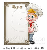 Vector Illustration of a Happy Young Blond White Male Chef Giving a Thumb up Around a Menu Board by AtStockIllustration