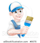 Vector Illustration of a Happy Young Brunette Caucasian Male House Painter Holding a Brush Around a Sign by AtStockIllustration