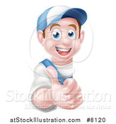 Vector Illustration of a Happy Young Brunette Caucasian Mechanic Man in Blue, Wearing a Baseball Cap, Giving a Thumb up Around a Sign by AtStockIllustration