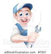 Vector Illustration of a Happy Young Brunette Caucasian Mechanic Man in Blue, Wearing a Baseball Cap, Holding a Wrench Around a Sign by AtStockIllustration