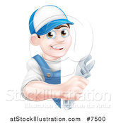 Vector Illustration of a Happy Young Brunette Caucasian Mechanic Man in Blue, Wearing a Baseball Cap, Holding an Adjustable Wrench Around a Sign by AtStockIllustration