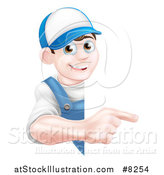 Vector Illustration of a Happy Young Brunette Caucasian Mechanic Man in Blue, Wearing a Baseball Cap, Pointing Around a Sign by AtStockIllustration