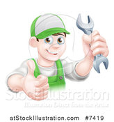 Vector Illustration of a Happy Young Brunette Caucasian Mechanic Man in Green, Wearing a Baseball Cap, Holding a Wrench and Thumb up by AtStockIllustration