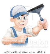 Vector Illustration of a Happy Young Brunette Caucasian Window Cleaner Man Holding a Squeegee and Pointing by AtStockIllustration