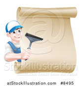 Vector Illustration of a Happy Young Brunette Caucasian Window Cleaner Man Holding a Squeegee Around a Scroll Sign by AtStockIllustration