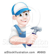 Vector Illustration of a Happy Young Brunette Caucasian Worker Man Holding a Hammer Around a Sign by AtStockIllustration