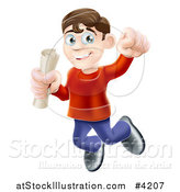 Vector Illustration of a Happy Young Brunette Man Jumping with a Scroll in Hand and Punching the Air by AtStockIllustration