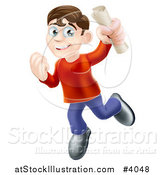 Vector Illustration of a Happy Young Brunette Man Jumping with a Scroll in Hand by AtStockIllustration