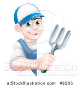 Vector Illustration of a Happy Young Brunette White Male Gardener in Blue, Holding a Garden Fork Around a Sign by AtStockIllustration