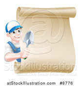 Vector Illustration of a Happy Young Brunette White Male Gardener in Blue, Holding a Hand Spade Shovel Around a Blank Scroll Sign by AtStockIllustration