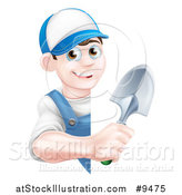 Vector Illustration of a Happy Young Brunette White Male Gardener in Blue, Holding a Shovel Around a Sign by AtStockIllustration