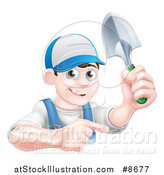 Vector Illustration of a Happy Young Brunette White Male Gardener in Blue, Pointing and Holding a Shovel by AtStockIllustration