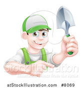 Vector Illustration of a Happy Young Brunette White Male Gardener in Green, Pointing and Holding a Shovel by AtStockIllustration