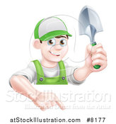 Vector Illustration of a Happy Young Brunette White Male Gardener in Green, Pointing down over a Sign and Holding a Shovel by AtStockIllustration