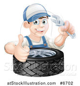 Vector Illustration of a Happy Young Brunette White Mechanic Man Wearing a Baseball Cap, Holding a Wrench and Thumb up over a Tire by AtStockIllustration