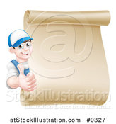 Vector Illustration of a Happy Young Caucasian Mechanic Man in Blue, Giving a Thumb up Around a Blank Scroll Sign by AtStockIllustration