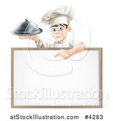 Vector Illustration of a Happy Young Chef Holding a Platter and Pointing down at a White Board Sign by AtStockIllustration