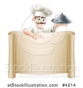 Vector Illustration of a Happy Young Chef with a Mustache, Holding a Platter and Pointing down at a Scroll Sign by AtStockIllustration