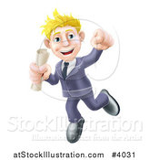 Vector Illustration of a Happy Young Graduate Business Man Jumping and Holding a Diploma by AtStockIllustration