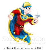 Vector Illustration of a Happy Young Male Brunette Caucasian Carpenter Worker Super Hero Running with a Hammer by AtStockIllustration