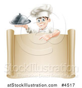 Vector Illustration of a Happy Young Male Chef Holding a Cloche and Pointing down at a Scroll by AtStockIllustration